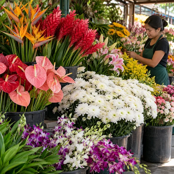 Fresh tropical flowers and chrysanthemums in a Philippine flower supply shop