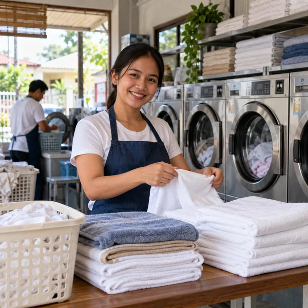 Clean neighborhood laundry shop with washing machines and folded linens
