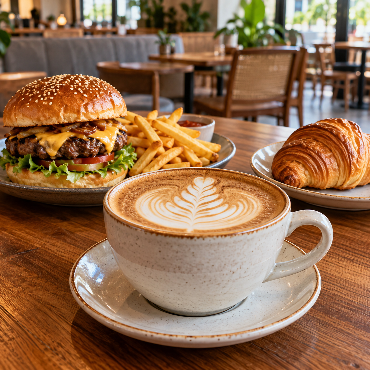 Cappuccino, burger with fries and croissant on a cafe table
