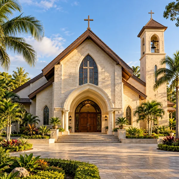 Church building and bell tower surrounded by a tropical garden