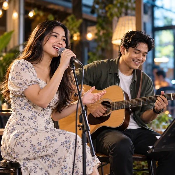 Filipino singer and guitarist performing at a small event.