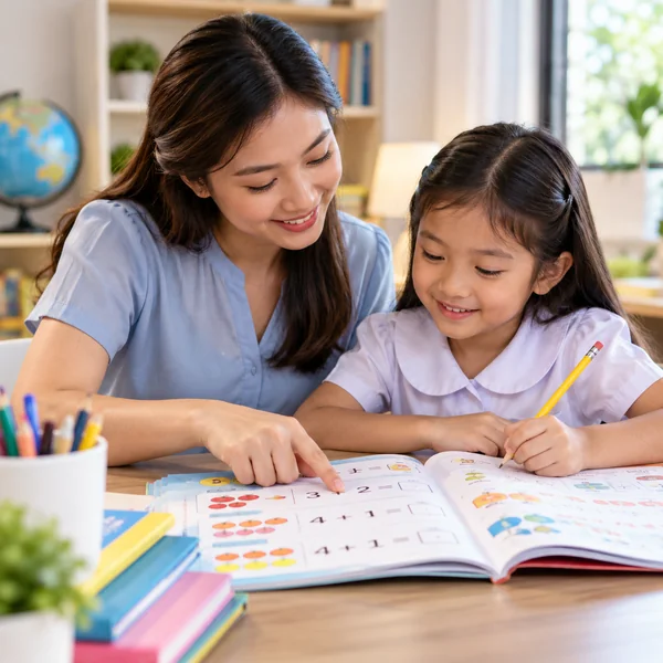 Filipino tutor helping an elementary pupil with a workbook.