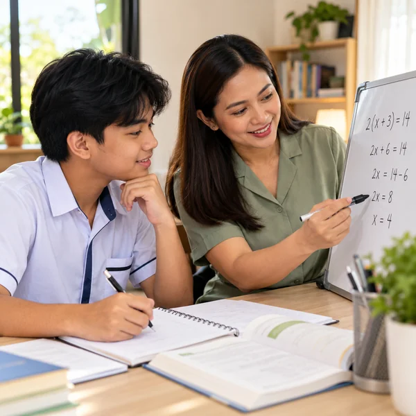 Filipino tutor explaining algebra to a high school student.