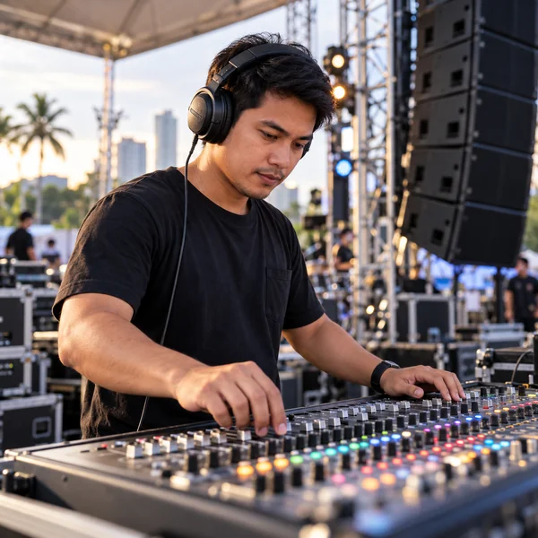 Filipino audio technician operating a live sound mixing console.