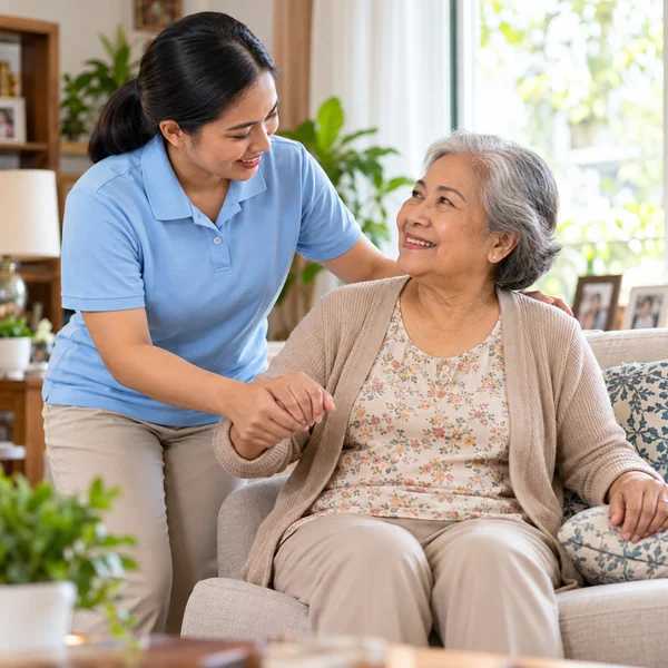 Filipino caregiver assisting an elderly woman comfortably at home.